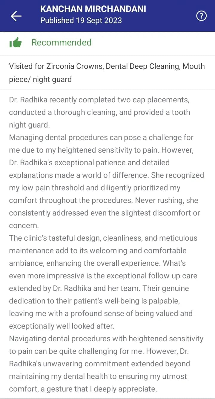 Practo patient review of Spectrum Advanced Dental Care — original supplied screenshot