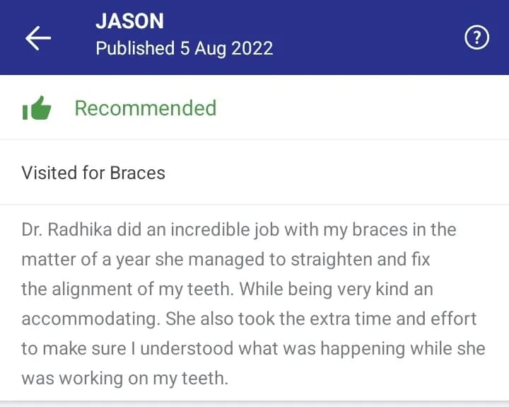 Practo patient review of Spectrum Advanced Dental Care — original supplied screenshot