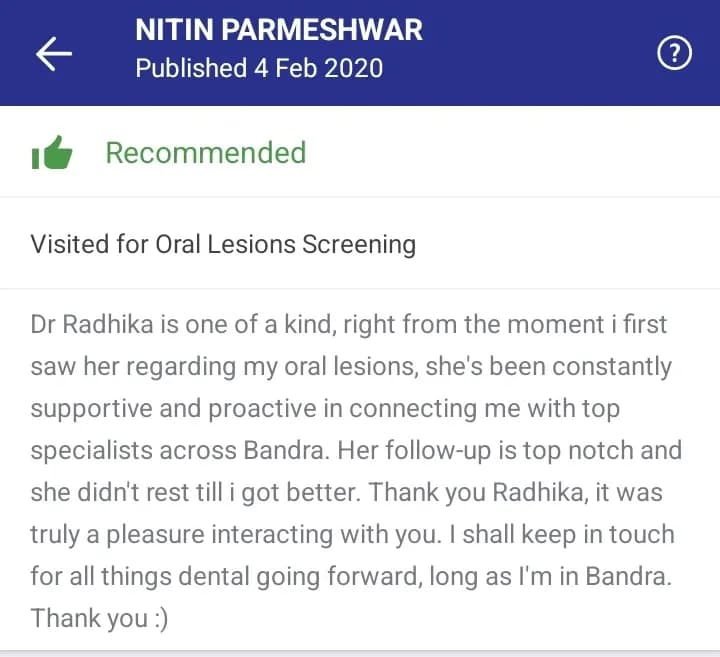 Practo patient review of Spectrum Advanced Dental Care — original supplied screenshot