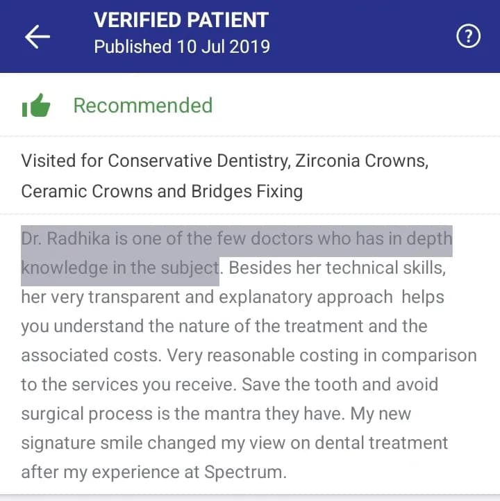 Practo patient review of Spectrum Advanced Dental Care — original supplied screenshot