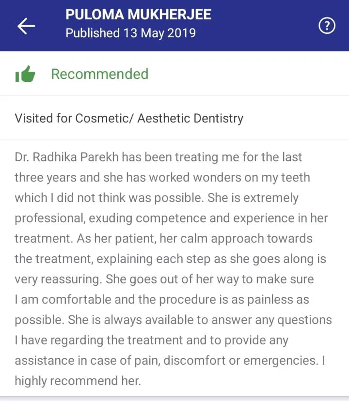 Practo patient review of Spectrum Advanced Dental Care — original supplied screenshot