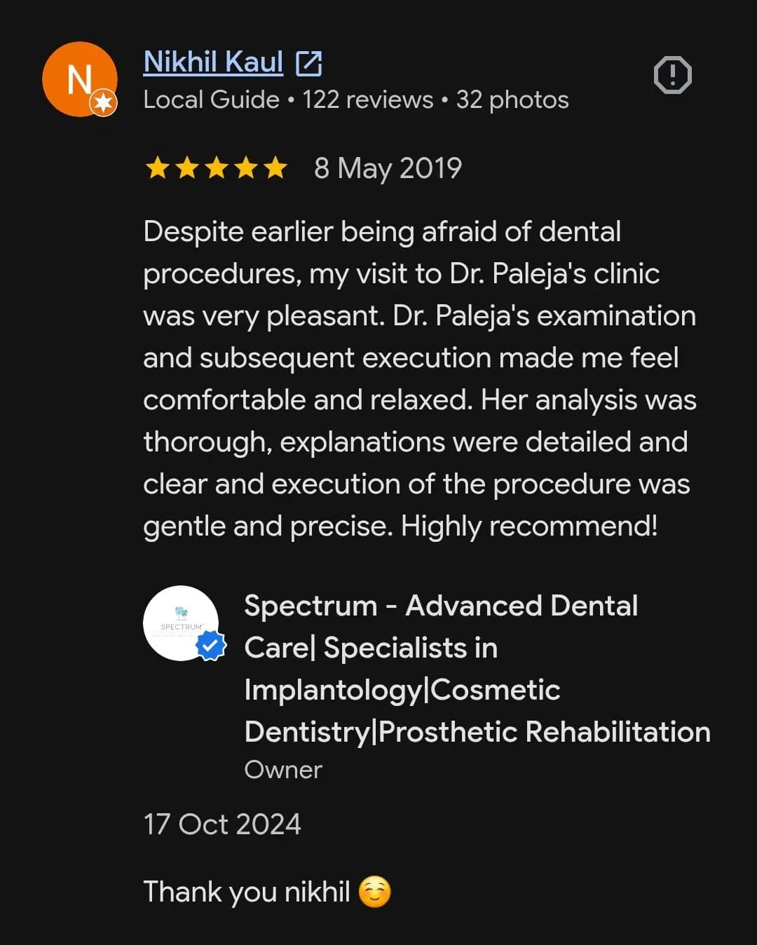 Google patient review of Spectrum Advanced Dental Care — original supplied screenshot