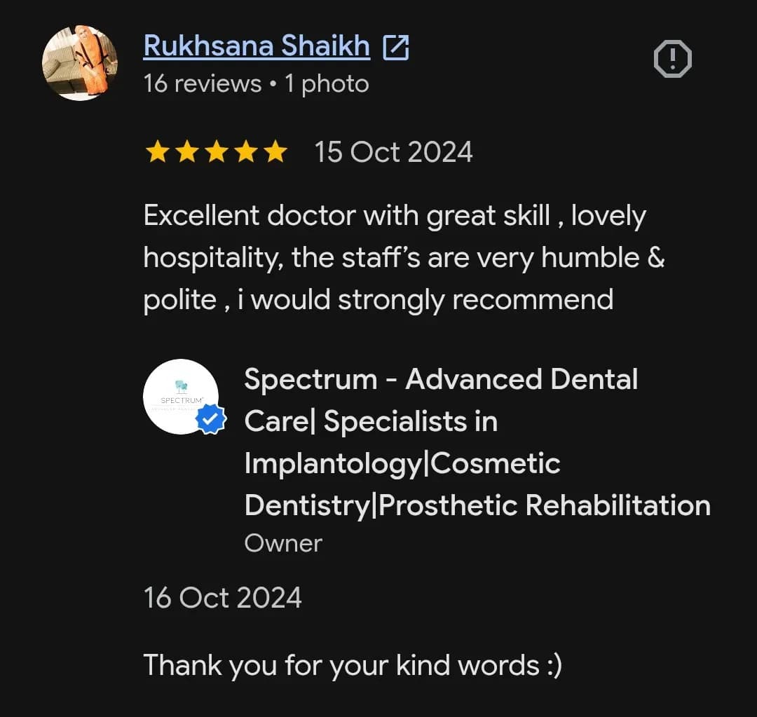 Google patient review of Spectrum Advanced Dental Care — original supplied screenshot