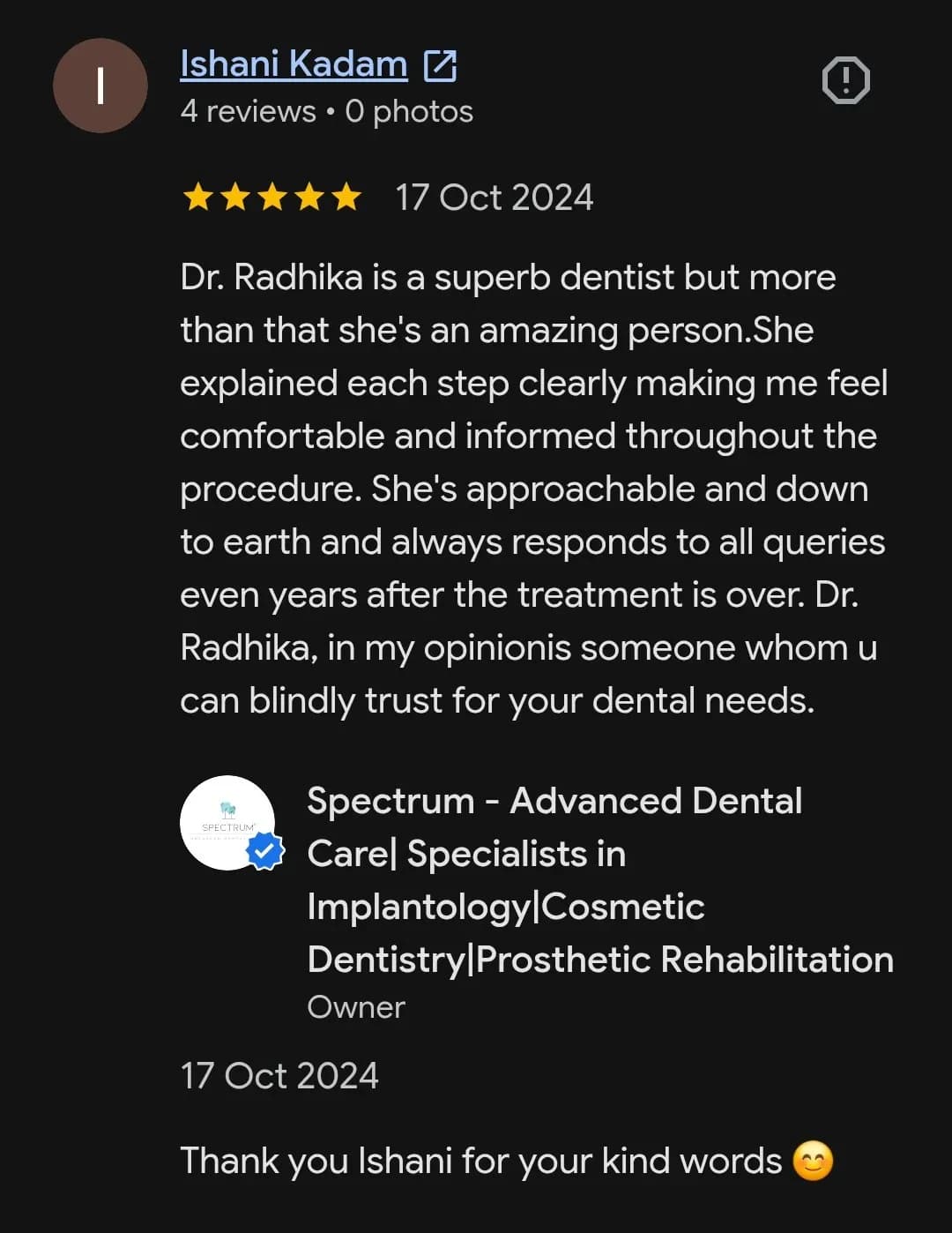Google patient review of Spectrum Advanced Dental Care — original supplied screenshot