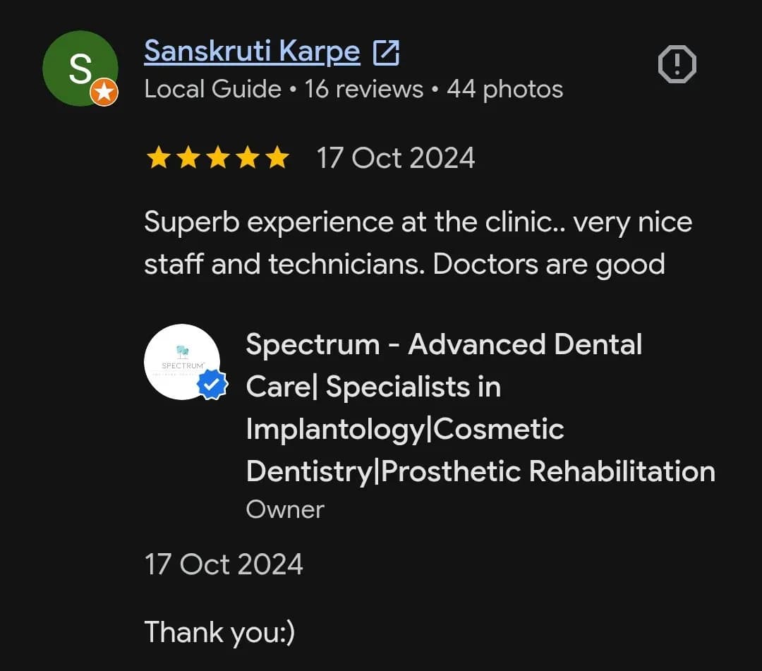 Google patient review of Spectrum Advanced Dental Care — original supplied screenshot