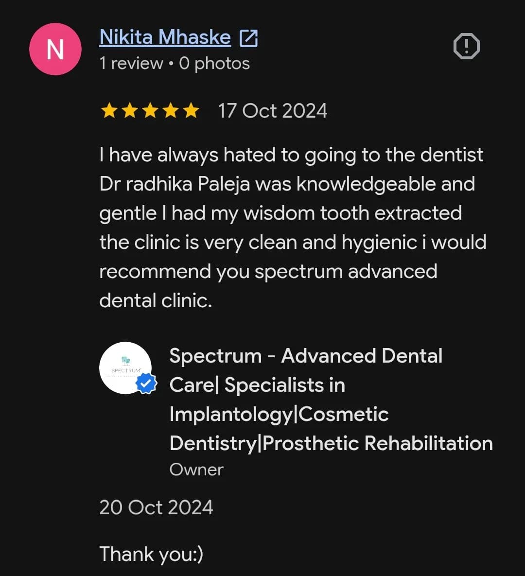 Google patient review of Spectrum Advanced Dental Care — original supplied screenshot