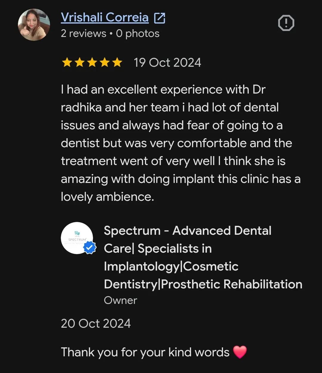 Google patient review of Spectrum Advanced Dental Care — original supplied screenshot
