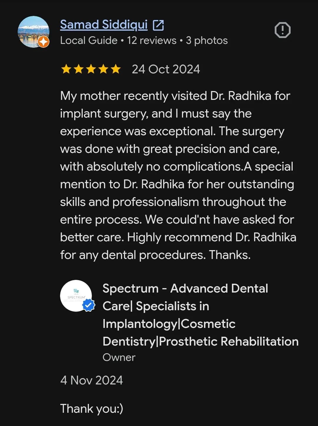 Google patient review of Spectrum Advanced Dental Care — original supplied screenshot