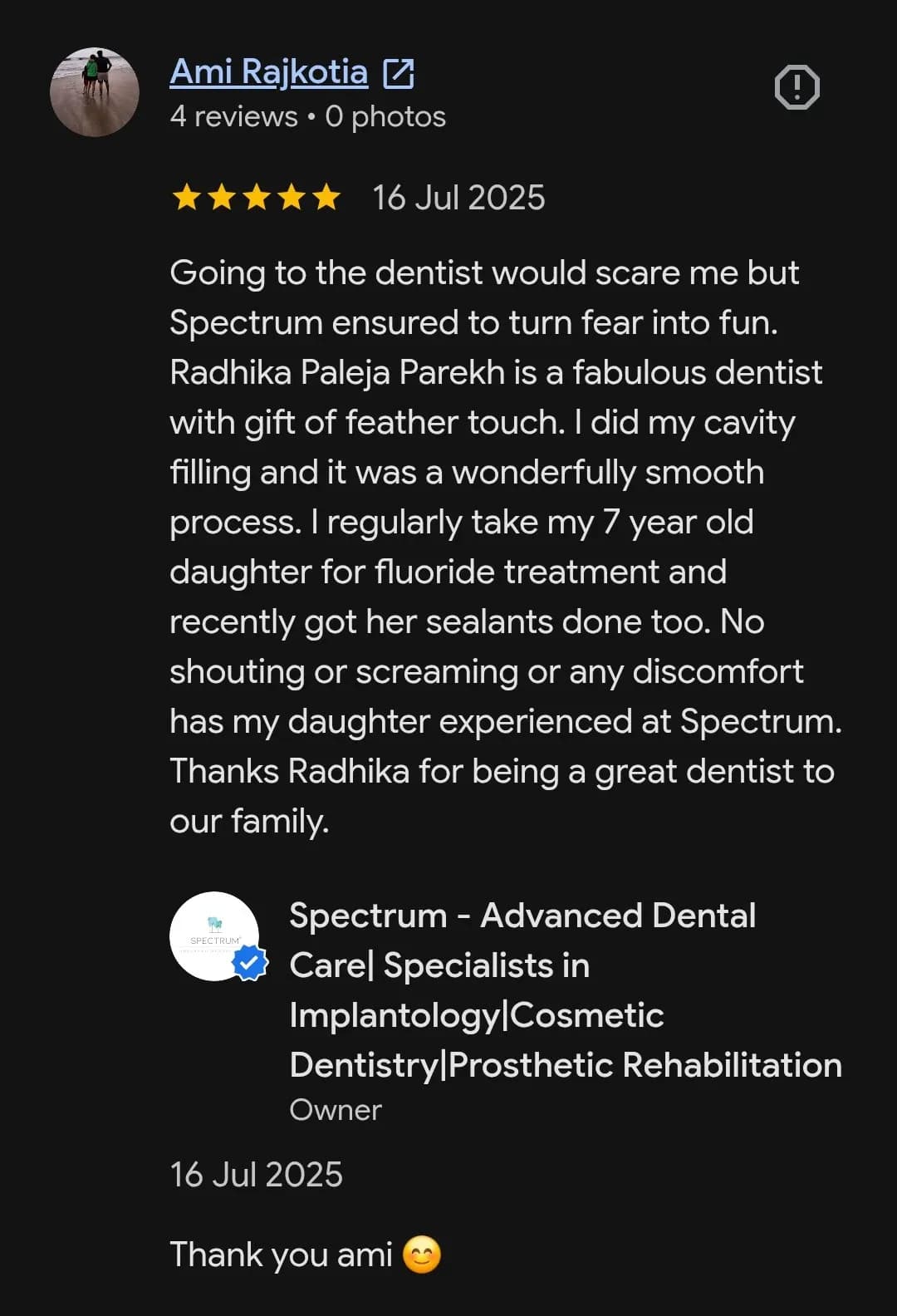 Google patient review of Spectrum Advanced Dental Care — original supplied screenshot