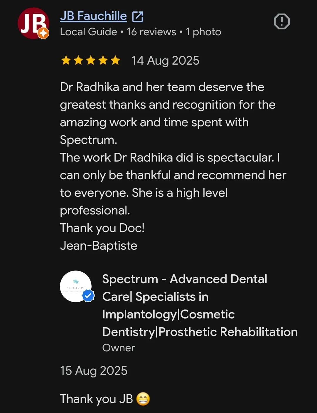 Google patient review of Spectrum Advanced Dental Care — original supplied screenshot