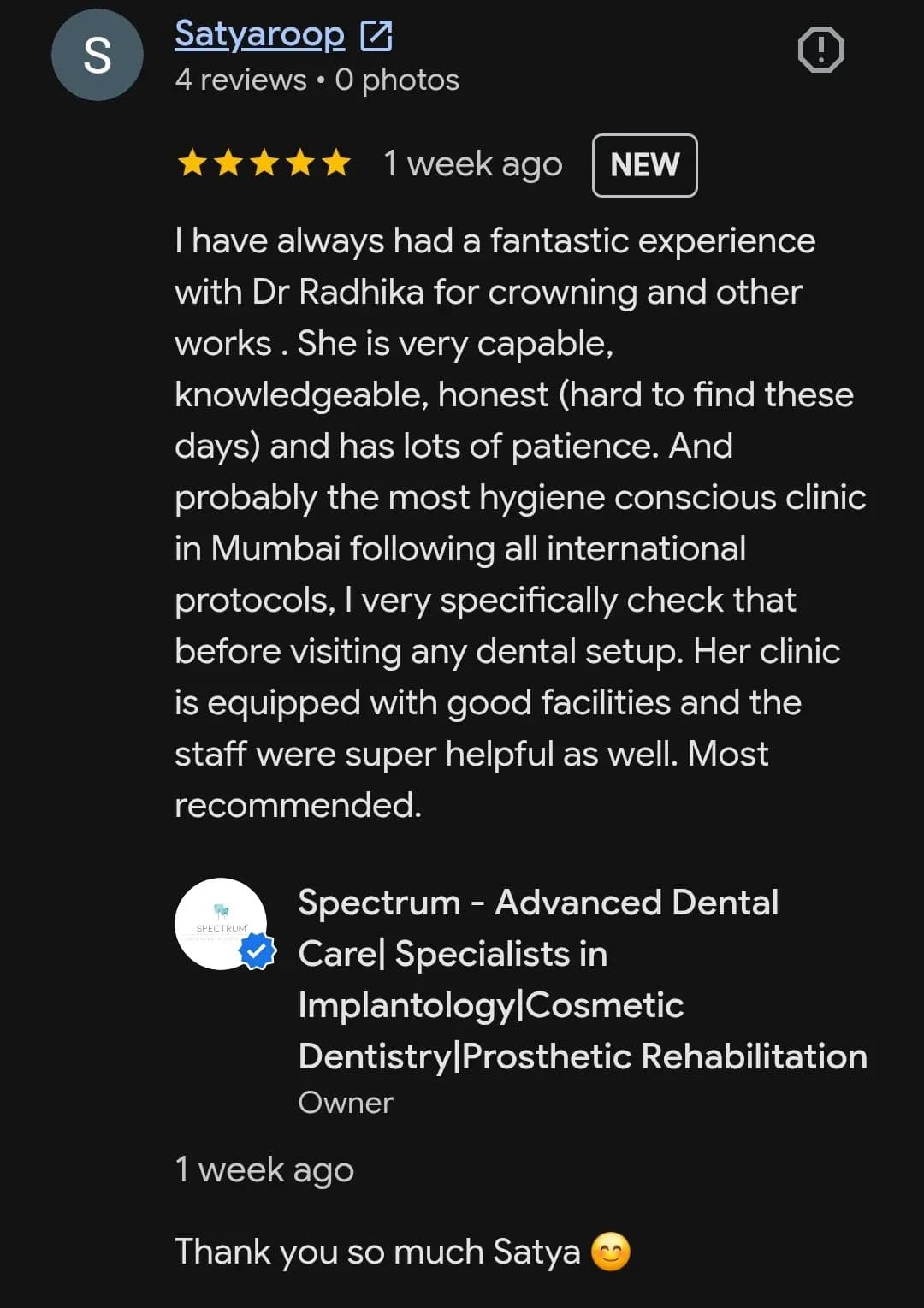 Google patient review of Spectrum Advanced Dental Care — original supplied screenshot